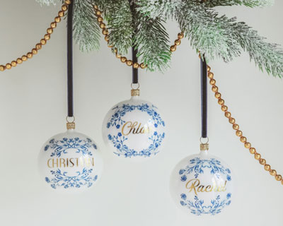 Personalized Blue White Porcelain Chinoiserie Glass Christmas Bauble